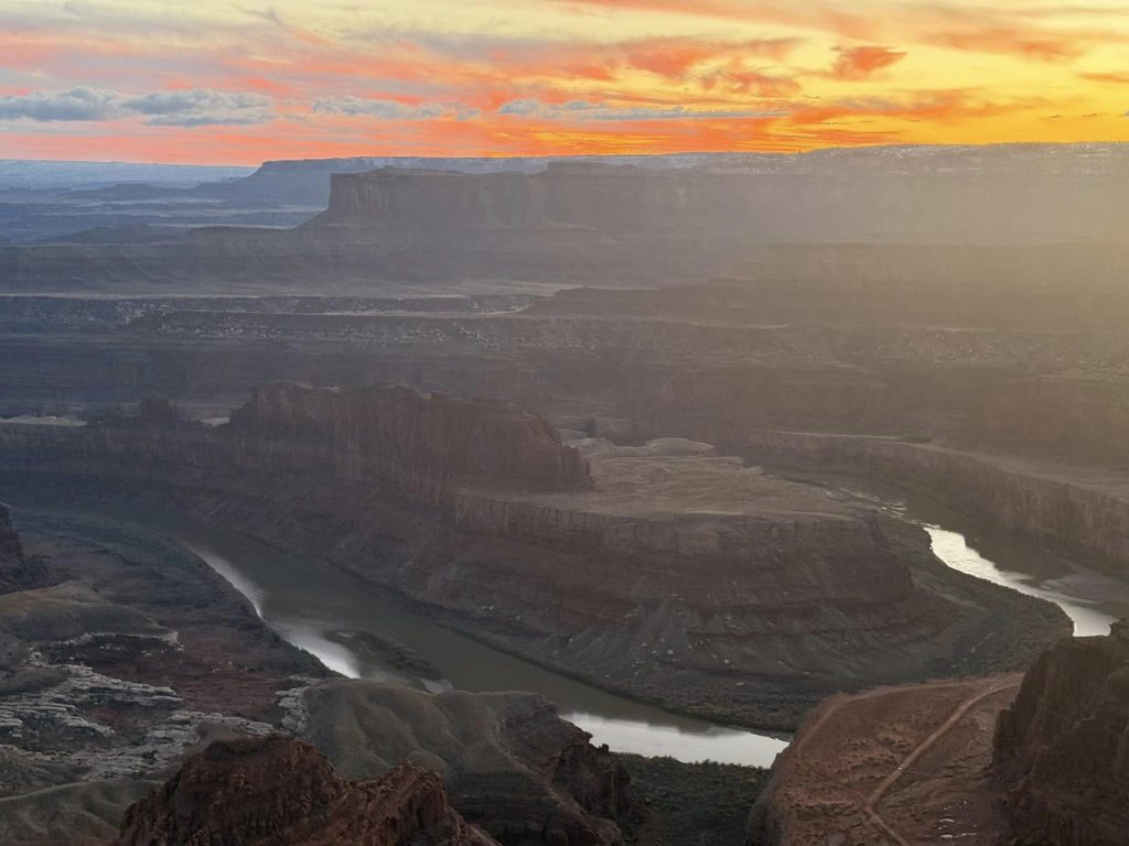 Winter at Dead Horse Point with orange and gold sunset colors